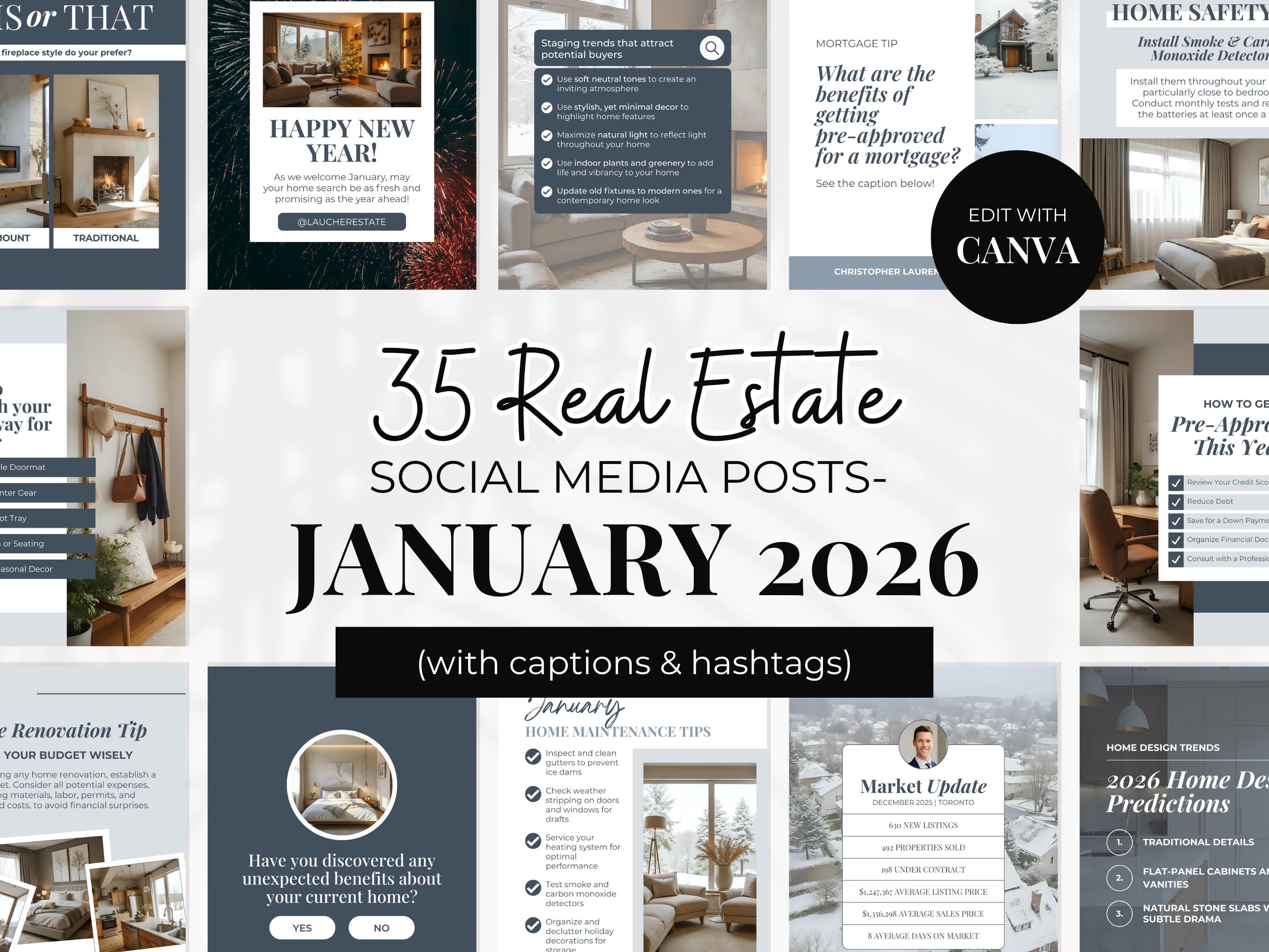 January 2026 Real Estate Social Media Templates | Blue Winter Realtor ...