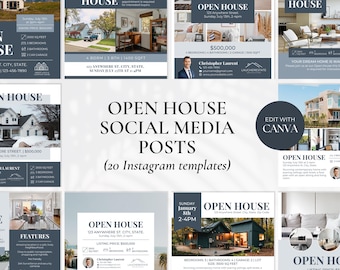 May include: A collage of 20 Instagram post templates for open houses. The templates feature a variety of designs, including photos of homes, text, and graphics. The text includes the words "Open House", "Social Media Posts", and "Edit with Canva".