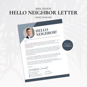 Puede incluir: Una carta de un agente inmobiliario a sus vecinos, con una foto del agente, un esquema de color azul y blanco, y el texto "¡Hola vecino!" en una fuente grande y en negrita.