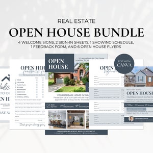 Könnte beinhalten: Ein Immobilien-Open-House-Paket mit editierbaren Vorlagen für Willkommens-Schilder, Anmeldeblätter, einen Besichtigungsplan, ein Feedback-Formular und Open-House-Flyer. Die Vorlagen zeichnen sich durch ein blaues und weißes Farbschema mit modernem Design aus.