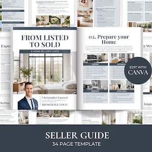 Modello di guida per venditori immobiliari, guida per venditori di case, presentazione dell'elenco degli agenti immobiliari, accordo NAR, pacchetto pre-quotazione Canva, blu