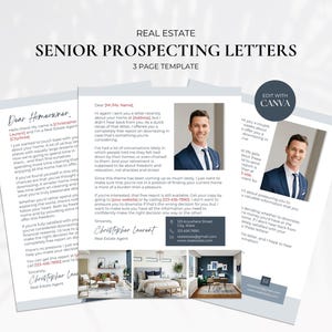 May include: Three pages of a real estate prospecting letter template. The template includes a letter to a homeowner, a letter to a potential client, and a page with a photo of a real estate agent. The letters are written in a friendly and professional tone and offer to help homeowners with their real estate needs.