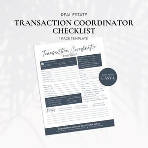 Transaction Coordinator Checklist, Contract to Close Checklist, Real Estate Agent, Client Handouts, Realtor Marketing, Canva Template