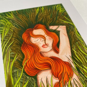 Art Print of Original, Marker Illustration: A Girl Laying in the Summer Grass - 5&quot;x7&quot; PRINT