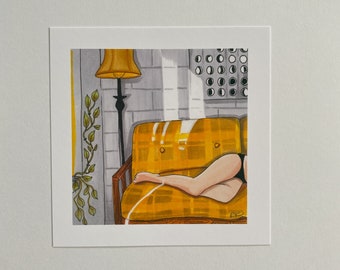 Art Print of Original, Marker Illustration: a Nap on a 70s Couch - 5"x 5" PRINT