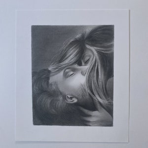 Original Pencil Drawing, Hand Sketched Graphite Fine Art, Lover&#39;s Kiss