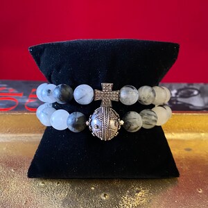 Two Strand Bracelet with Sterling Silver Turkish Bead & Pave Diamond Cross on Matt Black/White 10MM Beads