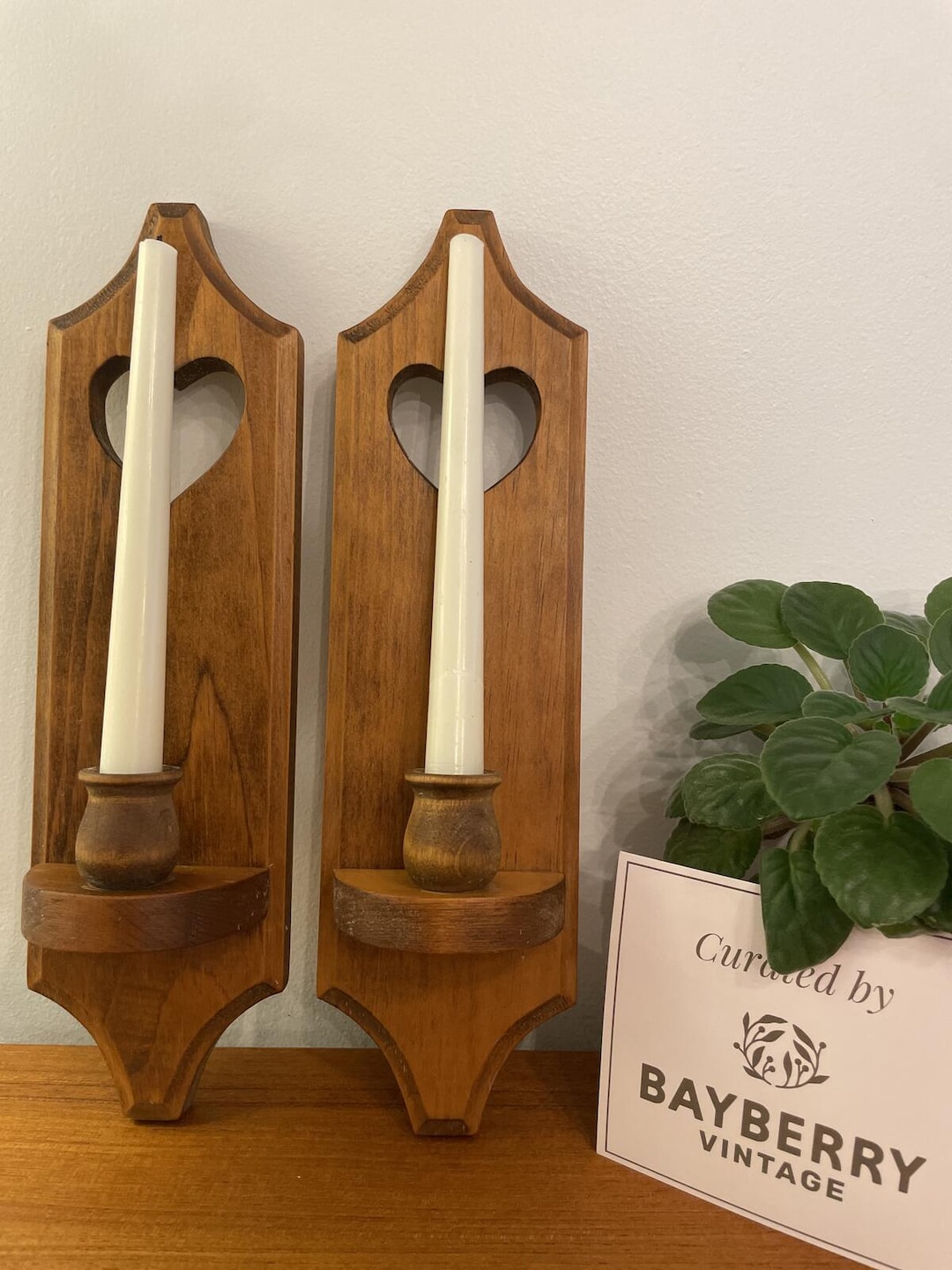 Vintage Wood Wall Candle Holders Set 2 Rustic Heart Sconces 14”