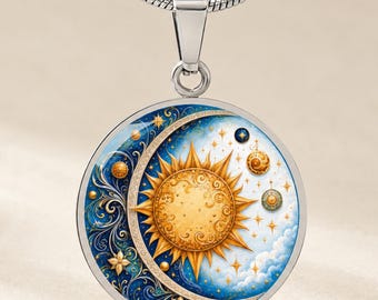 Sun Moon Necklace, Solar Eclipse Necklace, Gold sun necklace, Birthday Gift For Her, Engraved Necklace