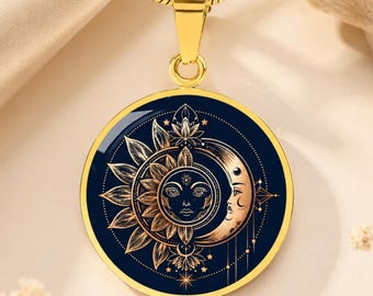 Sun and Moon Necklace, Celestial Jewelry for Women, Boho Astrology Pendant, Mystical Sun Jewelry Gift for Her Circle Necklace with Engraving