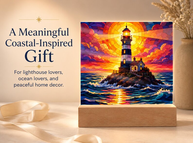 K&ouml;nnte beinhalten: Eine quadratische Acrylplatte mit einer farbenfrohen Illustration im Buntglas-Stil eines Leuchtturms auf einer felsigen Insel bei Sonnenuntergang, auf einem rechteckigen Holzsockel. Der Text lautet: A Meaningful Coastal-Inspired Gift. For lighthouse lovers, ocean lovers, and peaceful home decor.