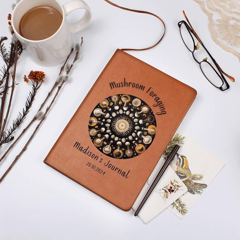 Personalized Leather Journal Gift For Mushroom Foraging, Graphic Vegan Leather Notebook image 4