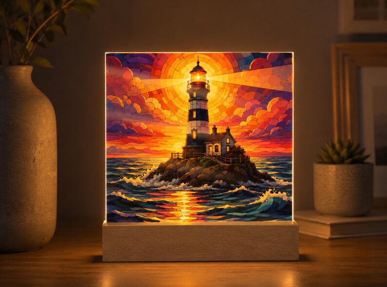 K&ouml;nnte beinhalten: Ein quadratischer, beleuchteter Leuchtkasten mit einer lebendigen Illustration im Buntglasstil, die einen Leuchtturm auf einer felsigen Insel zeigt. Die Szene stellt einen Sonnenuntergang mit orangefarbenen, roten und violetten Wolken dar.