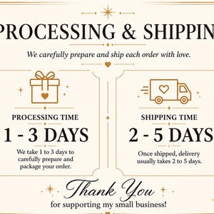 K&ouml;nnte beinhalten: Eine cremefarbene Infografik mit goldenen Akzenten und dem Text PROCESSING & SHIPPING. Sie zeigt eine Bearbeitungszeit von 1-3 Tagen mit einem Geschenksymbol und eine Versandzeit von 2-5 Tagen mit einem LKW-Symbol, endend mit Thank You.
