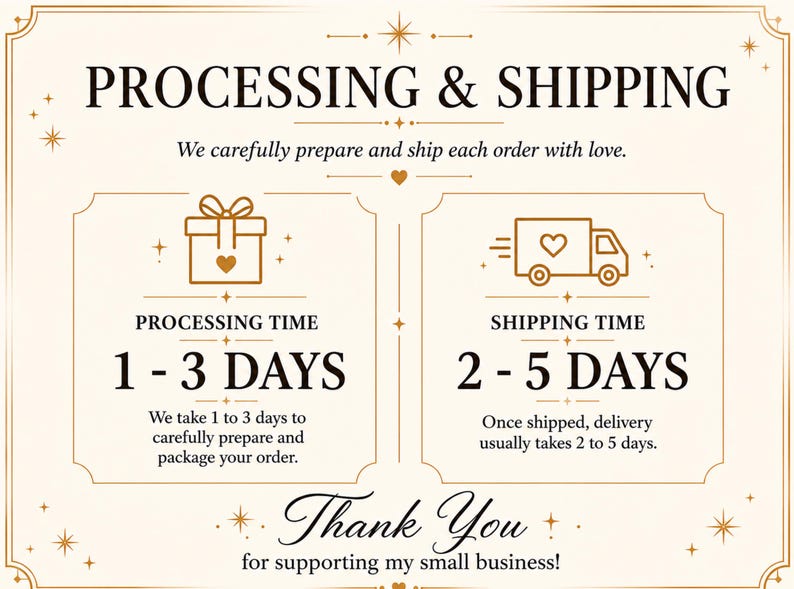 K&ouml;nnte beinhalten: Eine cremefarbene Infografik mit goldenen Akzenten und dem Text PROCESSING & SHIPPING. Sie zeigt eine Bearbeitungszeit von 1-3 Tagen mit einem Geschenksymbol und eine Versandzeit von 2-5 Tagen mit einem LKW-Symbol, endend mit Thank You.
