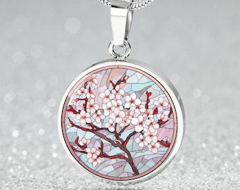 Birth Flower Jewelry, Cherry Blossom March Birth Flower, Engraved Jewelry, Personalized Pendant Necklace For Birthday Gift, Valentines Gift