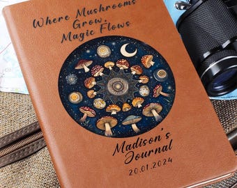 Personalized Vegan Leather Journal: Mushroom Fantasy Art Gift