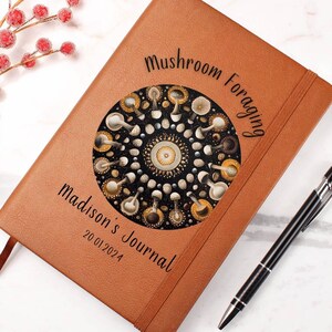 Personalized Leather Journal Gift For Mushroom Foraging, Graphic Vegan Leather Notebook image 7