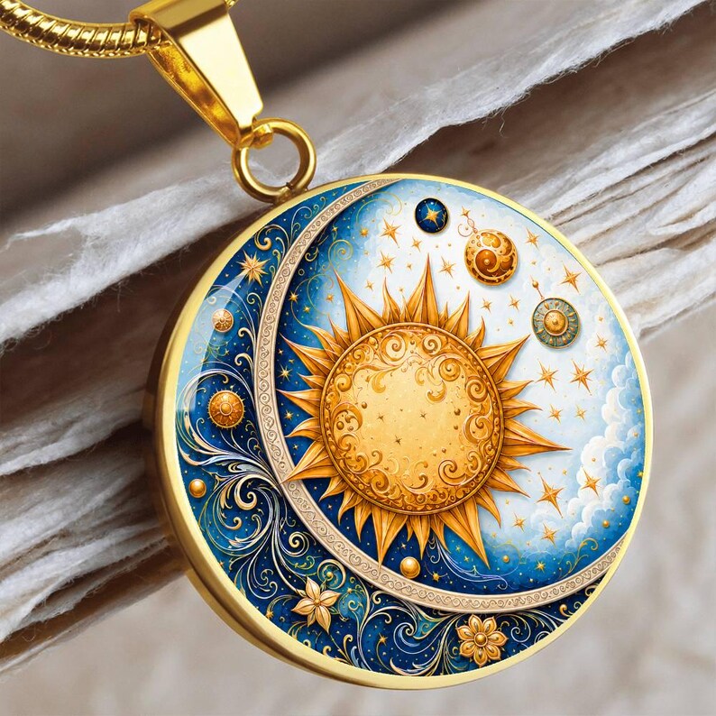 Sun Moon Necklace, Solar Eclipse Necklace, Gold sun necklace, Birthday Gift For Her, Engraved Necklace Luxury Necklace (Gold)