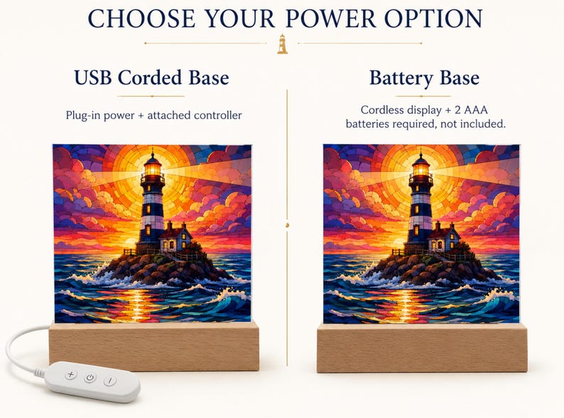 K&ouml;nnte beinhalten: Eine Vergleichsgrafik mit dem Titel CHOOSE YOUR POWER OPTION zeigt zwei Lichtsockel. Links eine USB-Basis mit angeschlossenem Controller. Rechts eine Batterie-Basis, die 2 AAA-Batterien ben&ouml;tigt. Beide zeigen ein Leuchtturm-Motiv.