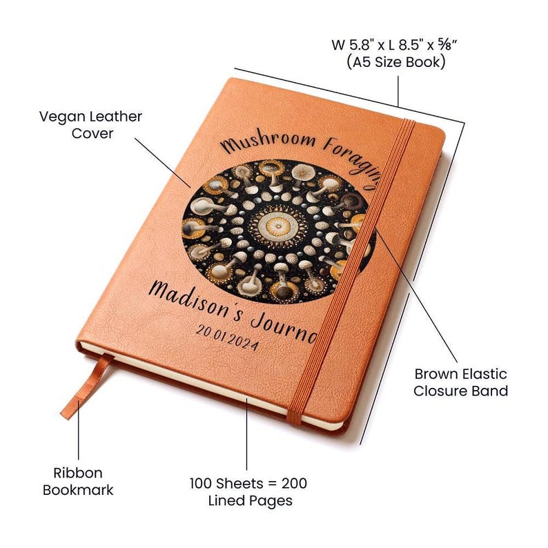 Personalized Leather Journal Gift For Mushroom Foraging, Graphic Vegan Leather Notebook image 2
