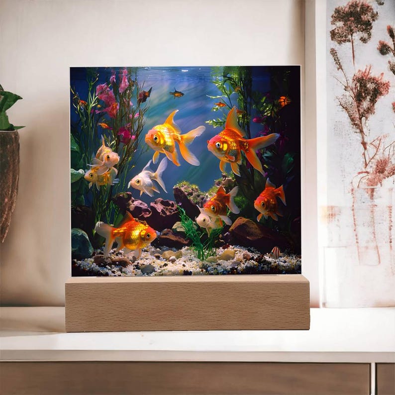 Image showcasing Acrylic Goldfish Aquarium LED Night Light: Ocean Lover Decor - Etsy