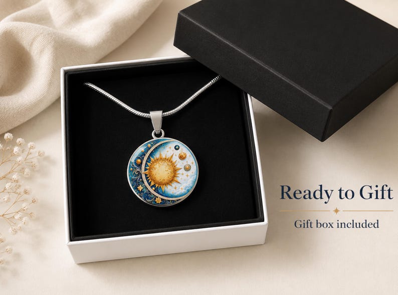 Sun Moon Necklace, Solar Eclipse Necklace, Gold sun necklace, Birthday Gift For Her, Engraved Necklace image 8