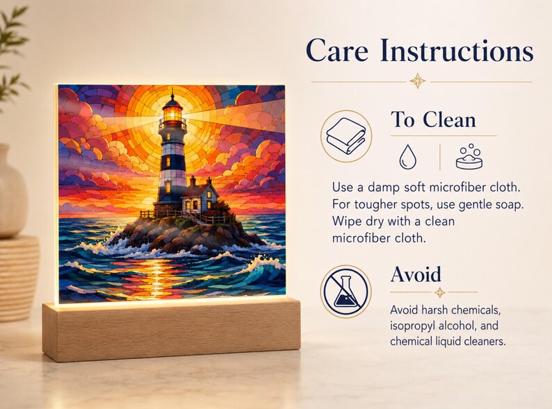 K&ouml;nnte beinhalten: Ein quadratischer Acryl-Leuchtkasten mit einer farbenfrohen Leuchtturmszene bei Sonnenuntergang auf einem rechteckigen Holzsockel. Der Text lautet Care Instructions, To Clean, Use a damp soft microfiber cloth. For tougher spots, use gentle soap. Wipe dry with a clean microfiber cloth. Avoid, Avoid harsh chemicals, isopropyl alcohol, and chemical liquid cleaners.