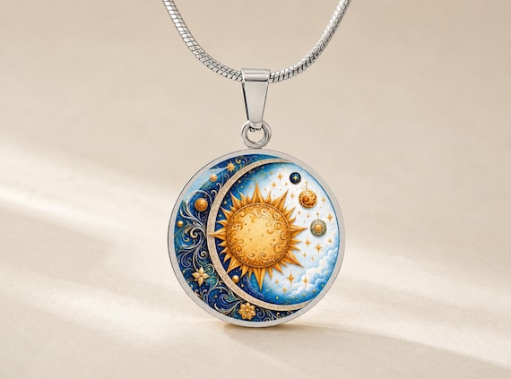Sun Moon Necklace, Solar Eclipse Necklace, Gold sun necklace, Birthday Gift For Her, Engraved Necklace