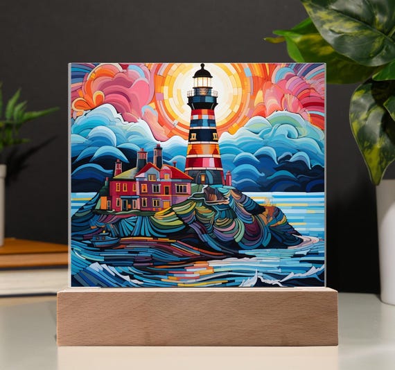 Lighthouse Acrylic Plaque with Wooden Base: Stained Glass Style Decor