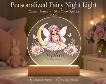 May include: Personalized fairy night light with a fairy illustration, a crescent moon, and floral accents. The name "Sophia" is displayed in elegant script. The light sits on a wooden base and is made of premium acrylic.