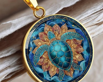 Sea Turtle Necklace Mandala Pendant, Ocean Jewelry Gift for Her,  Spiritual Animal Necklace, Boho Turtle Jewelry Keepsake