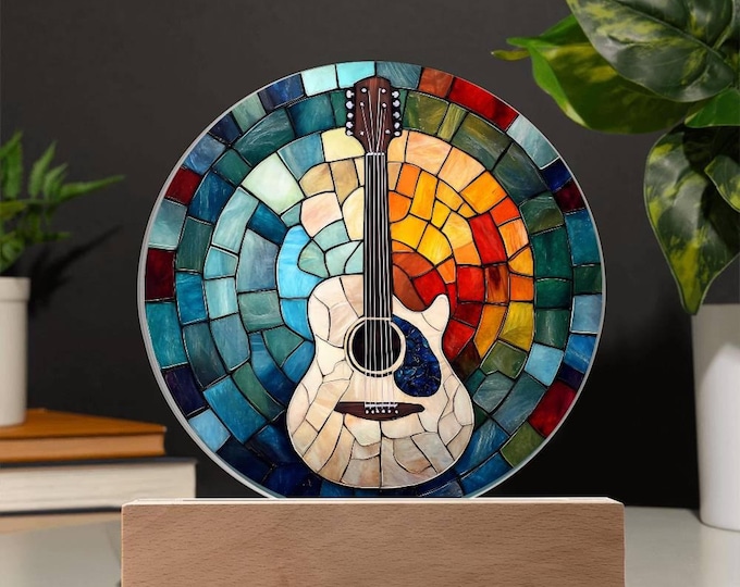 Stained Glass Effect Guitar LED Night Light, Unique Music Lover Gift, Acoustic Guitar Home Decor for Bedrooms & Studios,