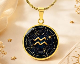 Aquarius Zodiac Necklace, Celestial Astrology Pendant, Gold Horoscope Jewelry Gift for Her