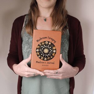 Personalized Leather Journal Gift For Mushroom Foraging, Graphic Vegan Leather Notebook image 3