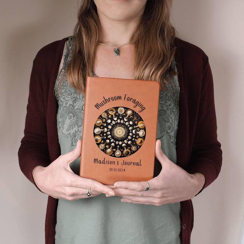 Personalized Leather Journal Gift For Mushroom Foraging, Graphic Vegan Leather Notebook image 3