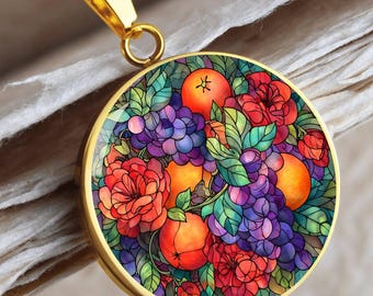 Stained Glass Style Fruit and Flowers Pendant, Engraved Floral Necklace
