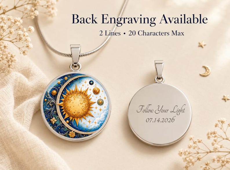Sun Moon Necklace, Solar Eclipse Necklace, Gold sun necklace, Birthday Gift For Her, Engraved Necklace image 7