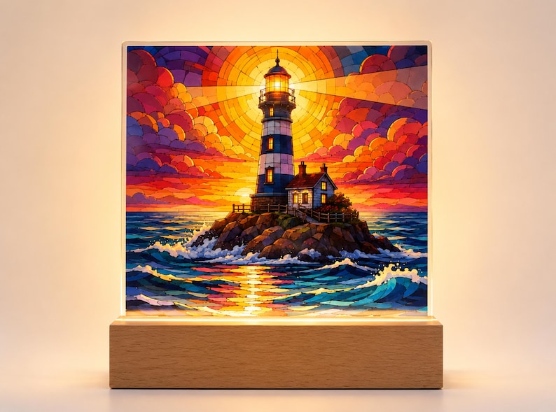 Illuminated lighthouse acrylic LED night light plaque in a natural wooden base, featuring a colorful coastal sunset design with ocean waves and a warm glowing lighthouse.