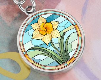 Birth Flower Keychain, Custom Engraved, Daffodil Birth Month Flower, Christmas Birthday Gift