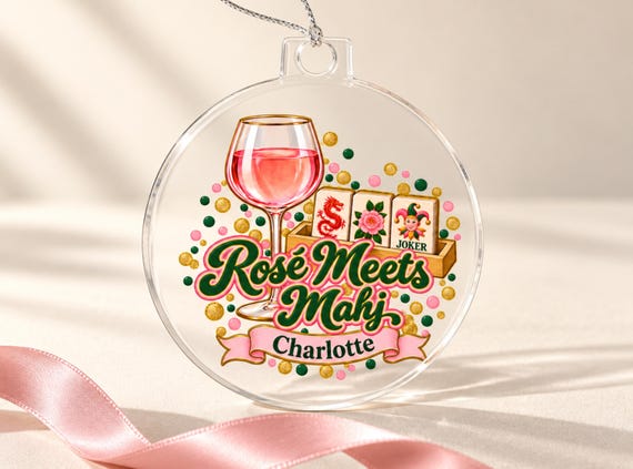 Personalized Mahjong Acrylic Ornament, Rosé Meets Mahj Wine Design with Custom Name, Christmas Ornament Mahjong Gift