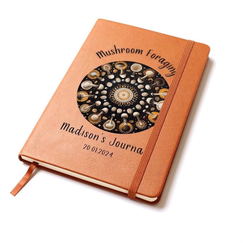 Personalized Leather Journal Gift For Mushroom Foraging, Graphic Vegan Leather Notebook image 5