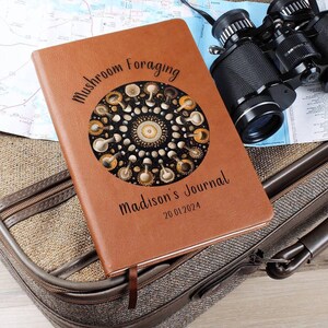 Personalized Leather Journal Gift For Mushroom Foraging, Graphic Vegan Leather Notebook image 9