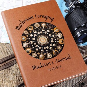 Personalized Leather Journal Gift For Mushroom Foraging, Graphic Vegan Leather Notebook image 1