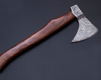 Custom Handmade Damascus Steel Axe with Rosewood Handle and Leather Sheath, Damascus Axe, Tomahawk axe, Gift for him, Easter Gift
