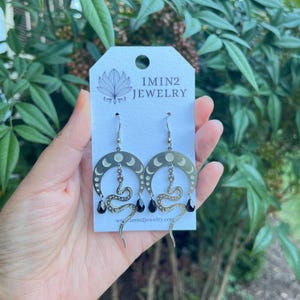 Celestial Snake Earrings-Stainless Steel-Witchy Earrings-Dangling Earrings-Sun and Moon