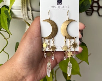 Herkimer Diamond Earrings | Titanium AB Quartz Earrings | Celestial | Crescent Moon | Chandelier | Modern Boho | Dangle | Antique Brass