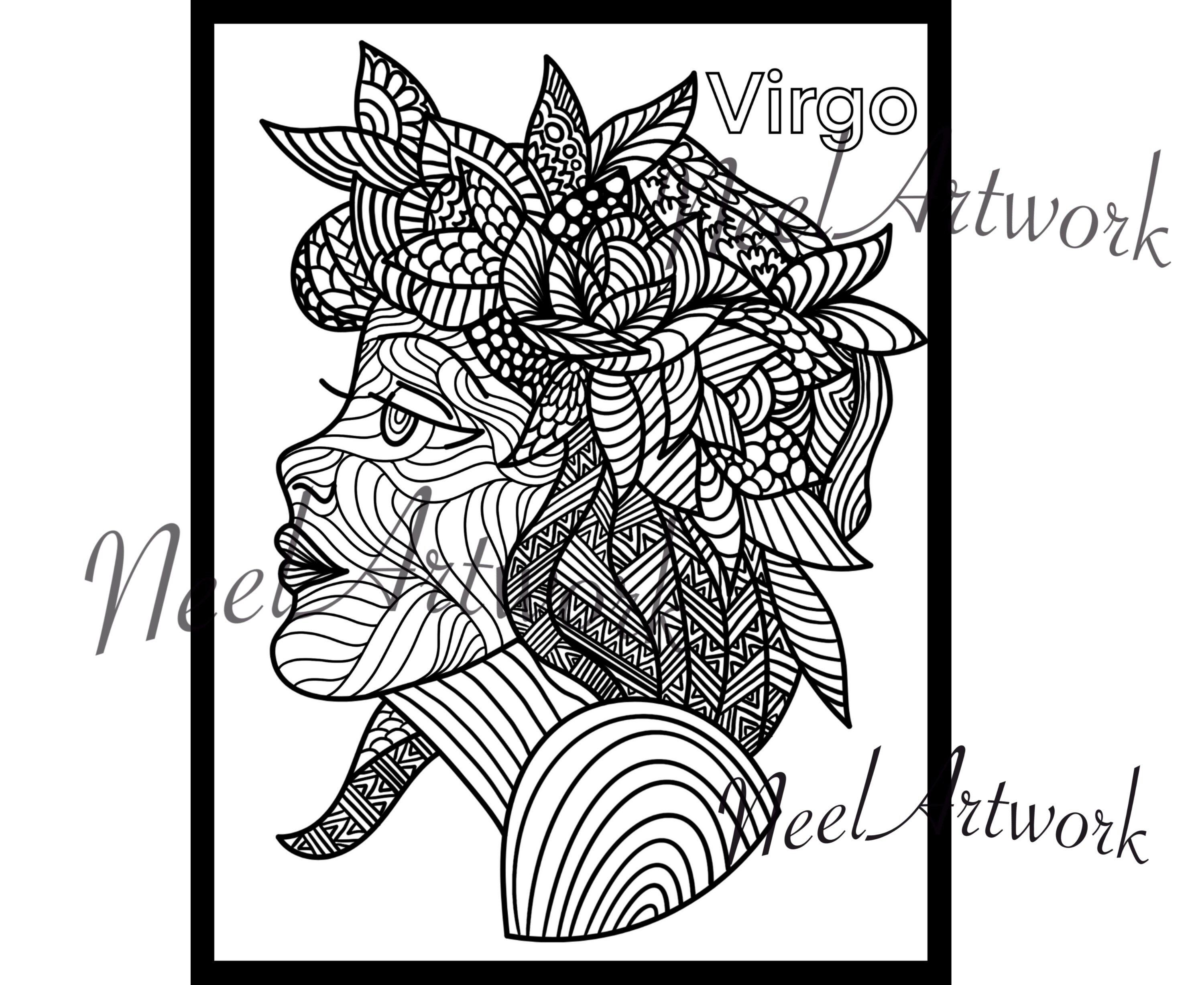 Virgo Zodiac Sign Coloring Page Full Page Intricate Coloring | Etsy