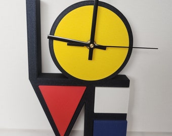 Horloge murale design LOVE inspiration Piet Mondrian imprimée en 3D