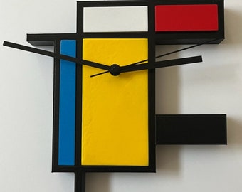 Wall clock in the manner of Piet Mondrian printed in 3D